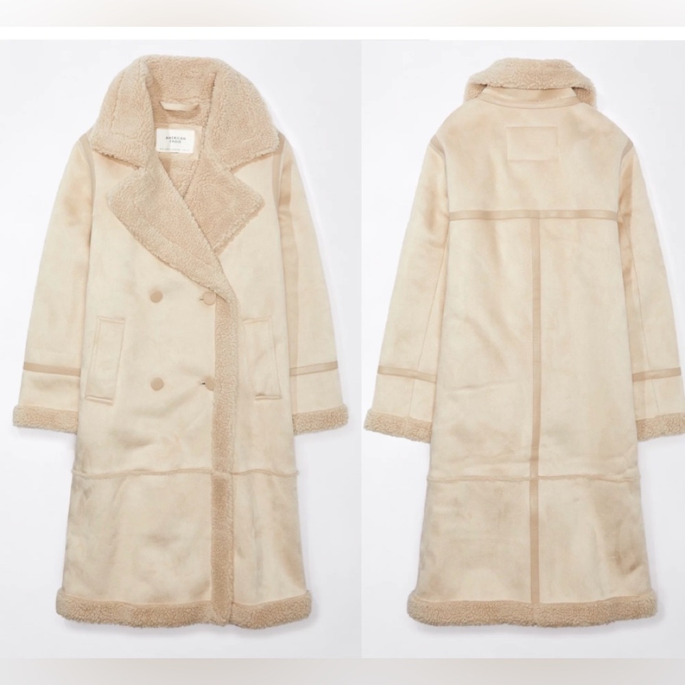 American Eagle double-breasted Vegan faux shearling coat light beige cream Sz L - Picture 14 of 14